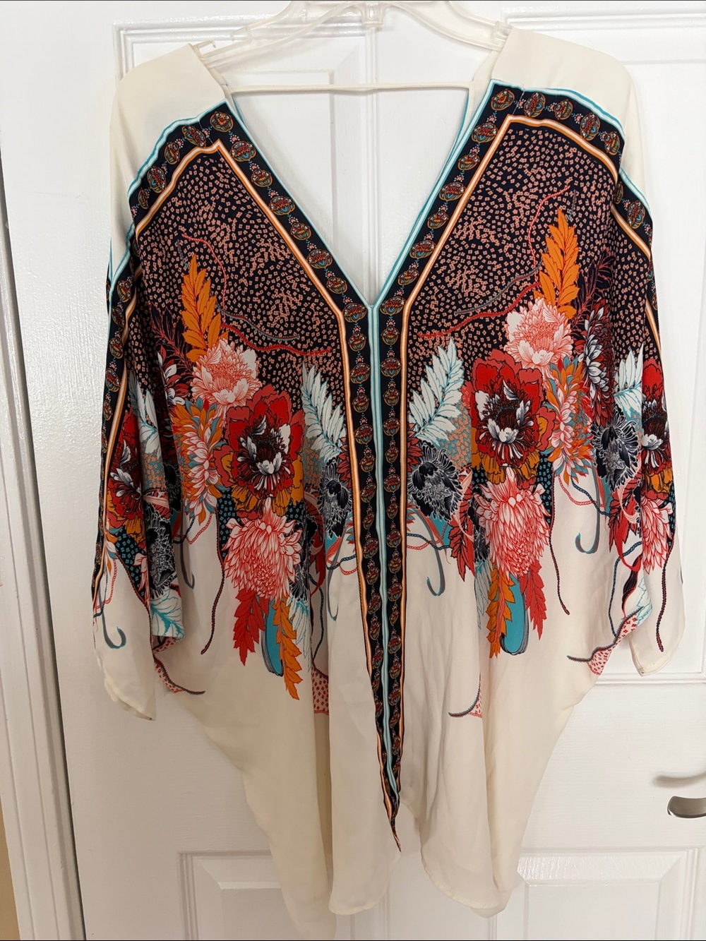 Rose & Olive Cream Tunic with Vibrant Floral & Feather Print